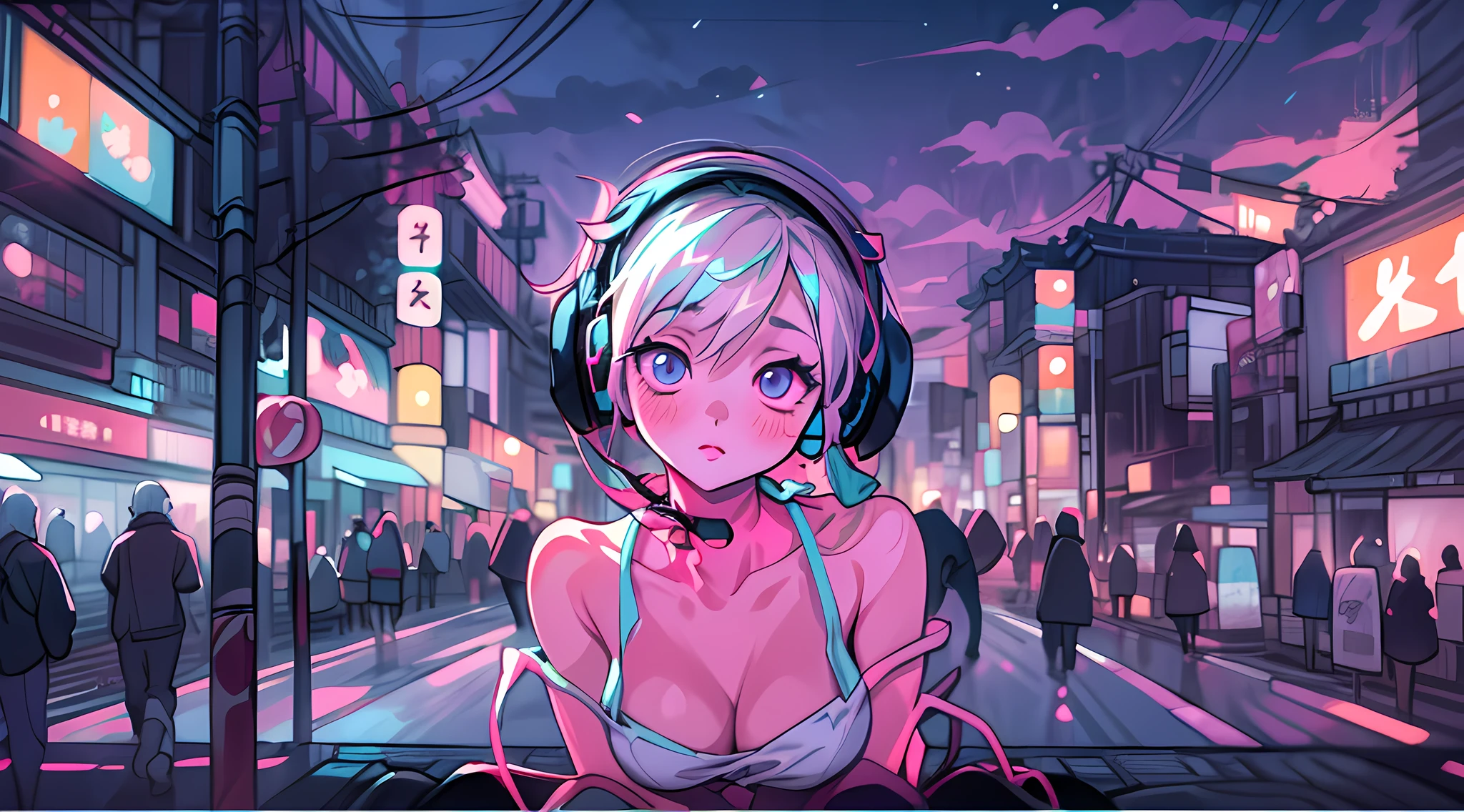 (sexy anime 1girl, headphones:1.1, glowing skin, beautiful background, beautiful sky, aesthetic, vanilla, night, cleavage, japan, tokyo city, vibrant colors, digital painting, soft lighting, dreamy atmosphere)