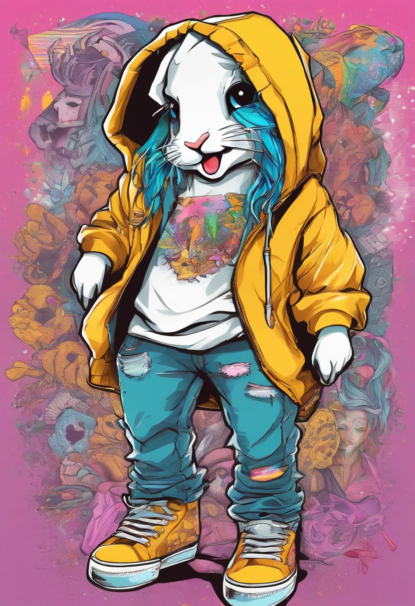 Cool and trendy rabbits, rainbow-colored hair, Yellow eyes, Wear trendy hip-hop clothes, Wearing a hoodie, Graphic T-shirt and ripped jeans, Lots of tattoos and piercings, Doodle style background, Highly detailed background, perfect masterpiece, High quality, High resolution