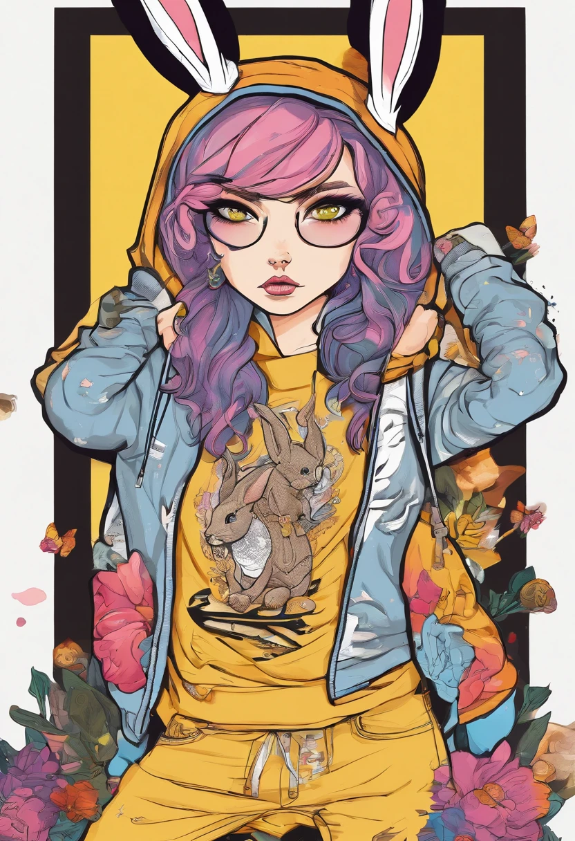 Cool and trendy rabbits, rainbow-colored hair, Yellow eyes, Wear trendy hip-hop clothes, Wearing a hoodie, Graphic T-shirt and ripped jeans, Lots of tattoos and piercings, Doodle style background, Highly detailed background, perfect masterpiece, High quality, High resolution