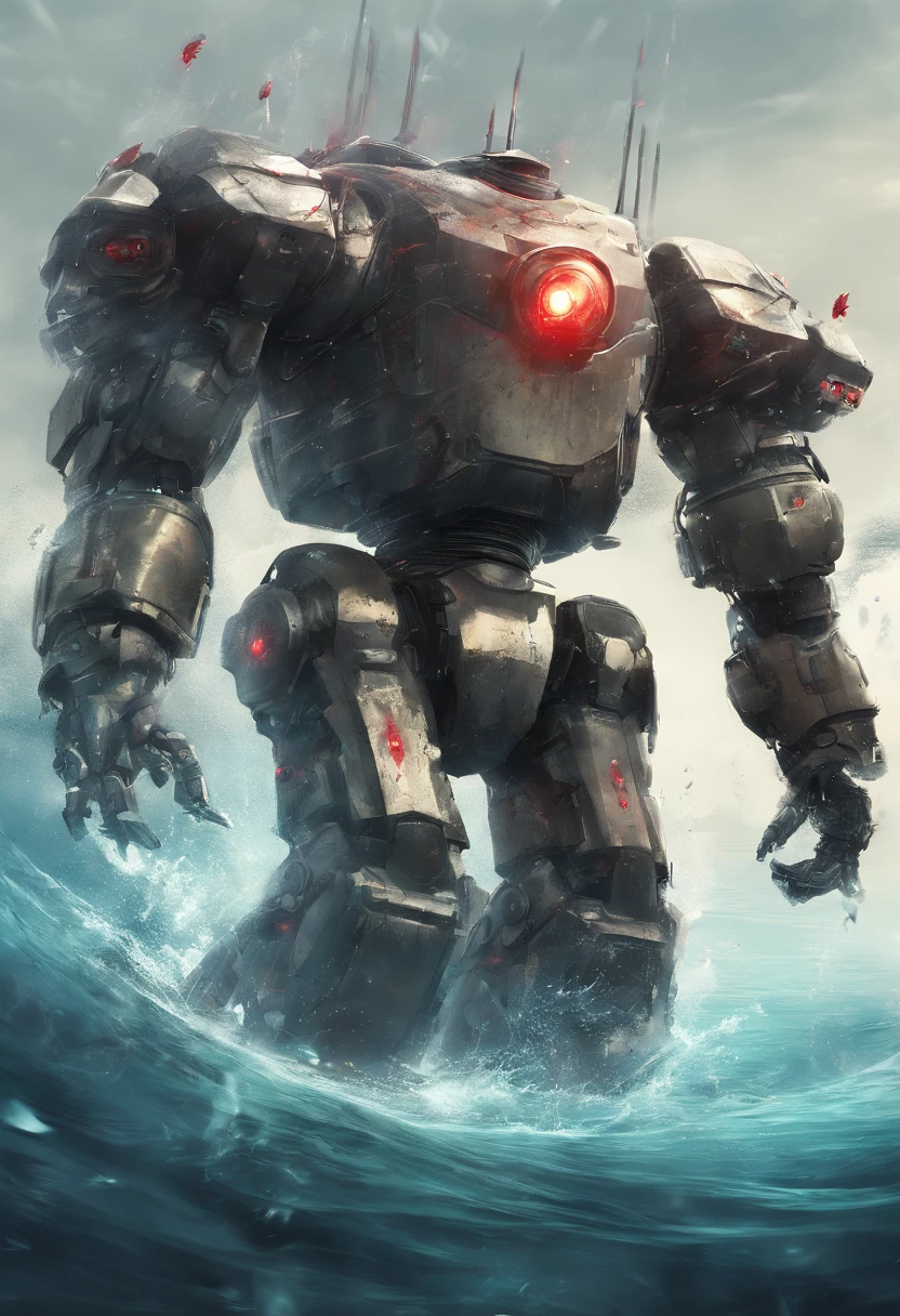 Draw an illustration of a giant underwater warrior robot。
On the head there is a large visor and red eyes。
Can move freely in the water。
The arm is equipped with a beam gun or shield。
The whole body is covered with silver armor。