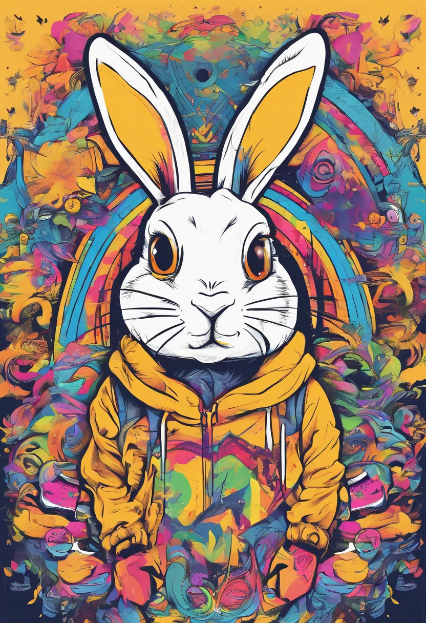 Cool and trendy rabbits, rainbow-colored hair, Yellow eyes, Wear trendy hip-hop clothes, Wearing a hoodie, Graphic T-shirt and ripped jeans, Lots of tattoos and piercings, Doodle style background, Highly detailed background, perfect masterpiece, High quality, High resolution