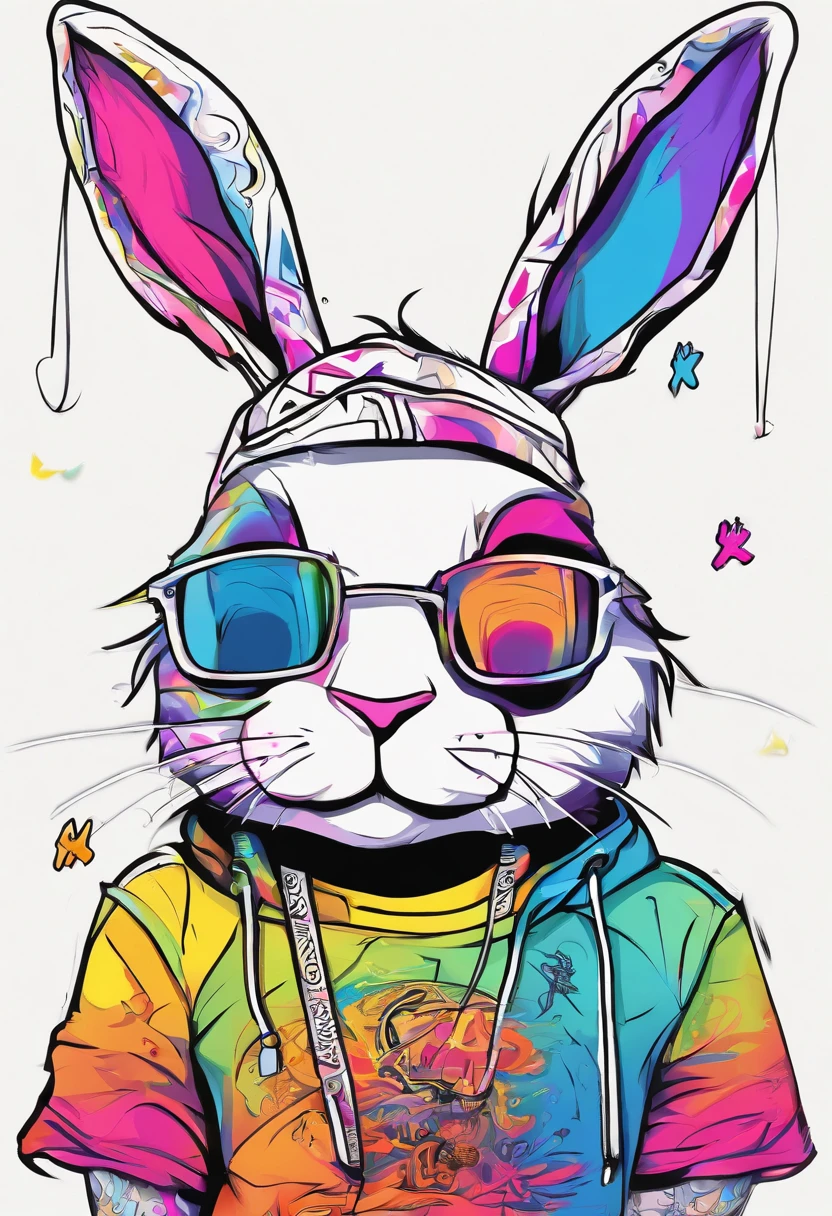 Cool and trendy rabbits, rainbow-colored hair, Yellow eyes, Wear trendy hip-hop clothes, Wearing a hoodie, Graphic T-shirt and ripped jeans, Lots of tattoos and piercings, Doodle style background, Highly detailed background, perfect masterpiece, High quality, High resolution