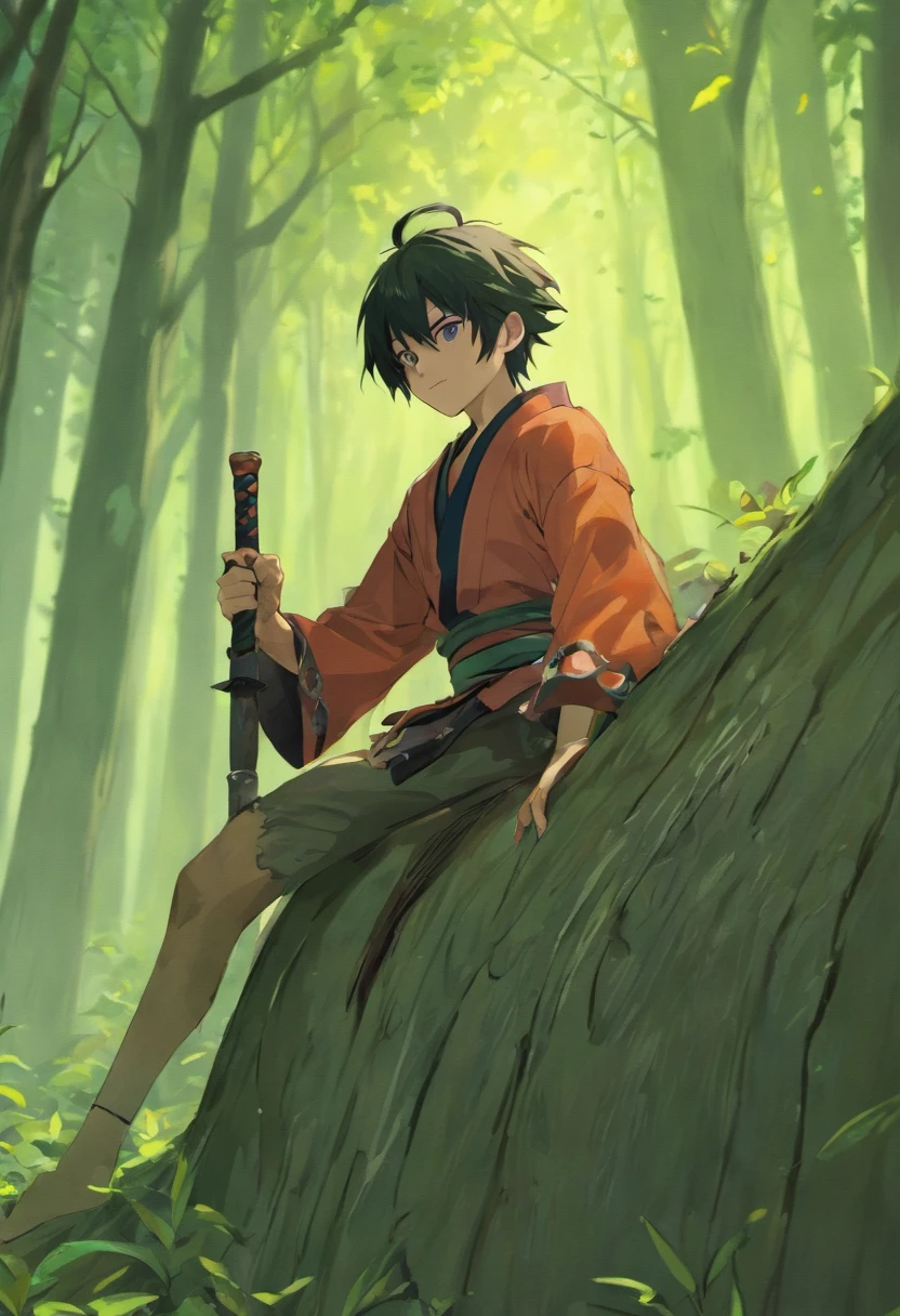 (melhor qualidade,4k,8k,Altas,master part:1.2),ultra-detalhado,(Realistic,fotorrealista,photo-realistic:1.37), homem itachi uchiha,[corpo inteiro],traje hunter-nin,olhos ativos do Sharingan,[fundo da floresta],Crouched on a tree trunk,Hands holding a sword,[estilo anime],faixa na testa