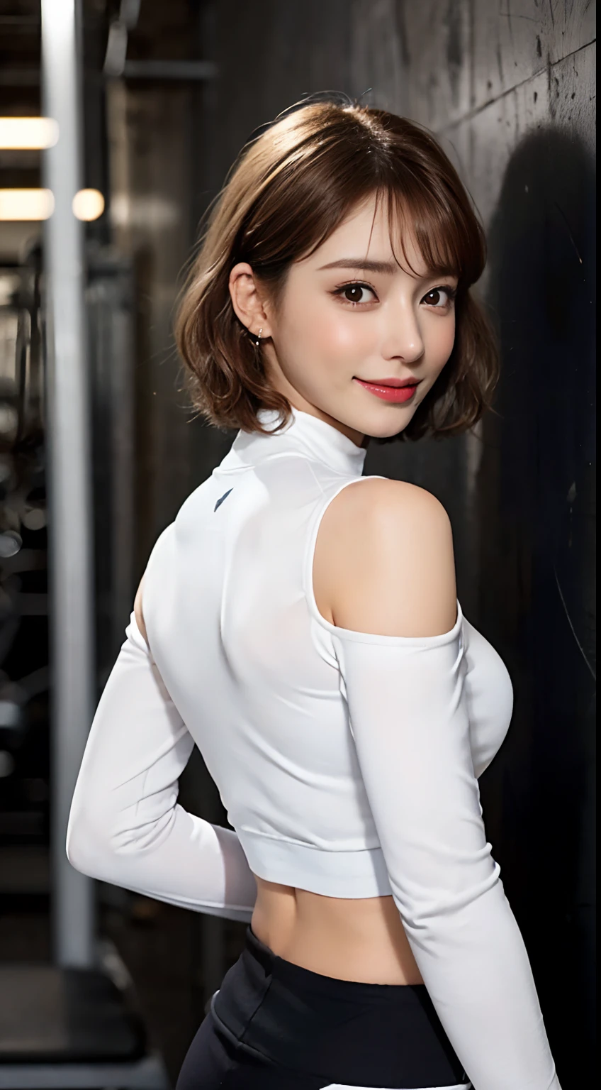 ((top-quality、8K、masterpies:1.3、Being in the gym、Power Rack、Brown Shorthair、Long Sleeve High Neck Long Pants Yoga Wear,Black walls、((posterior view))、hip lines、From the knee up))、1girl in、Slim Beauty:1.3、Super Detail Face、Delicat eyes、二重まぶた、facial expression of smile、full body Esbian、Suntan-Skin、20yr old、bobhair、short-cut、erotick、Sensual look、stare