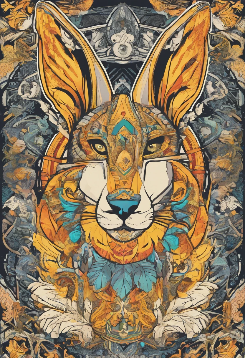 Cool and trendy rabbits, rainbow-colored hair, Yellow eyes, Wear trendy hip-hop clothes, Wearing a hoodie, Graphic T-shirt and ripped jeans, Lots of tattoos and piercings, Doodle style background, Highly detailed background, perfect masterpiece, High quality, High resolution