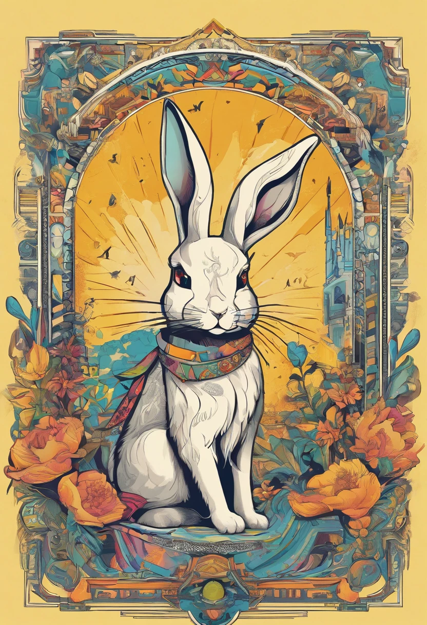 Cool and trendy rabbits, rainbow-colored hair, Yellow eyes, Wear trendy hip-hop clothes, Wearing a hoodie, Graphic T-shirt and ripped jeans, Lots of tattoos and piercings, Doodle style background, Highly detailed background, perfect masterpiece, High quality, High resolution