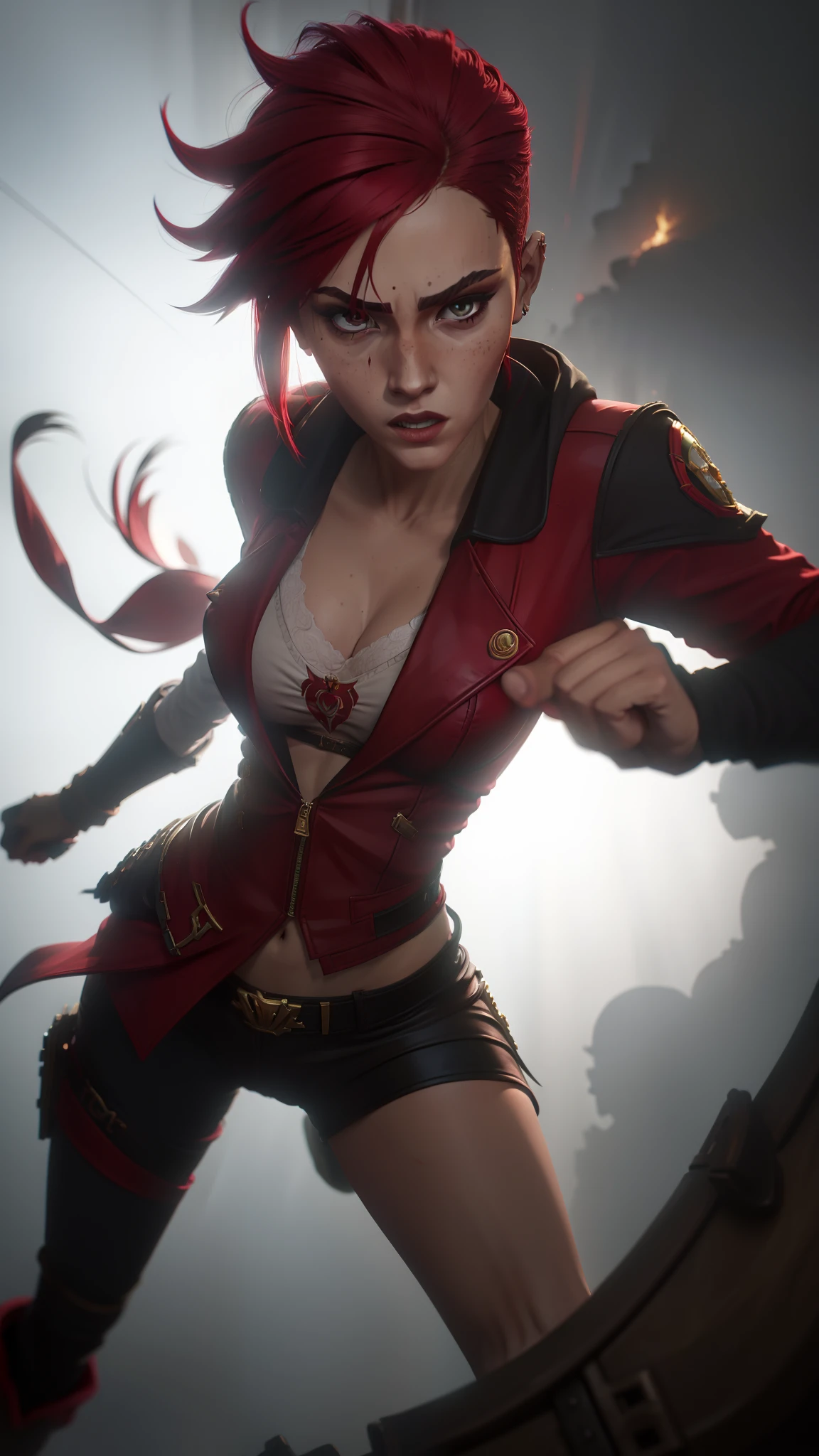 Garota de cabelo curto e vermelho. Vi de Arcane. She's in a red jacket, in fighting position, ao lado da Jinx. Vi e Jinx. Vi 6