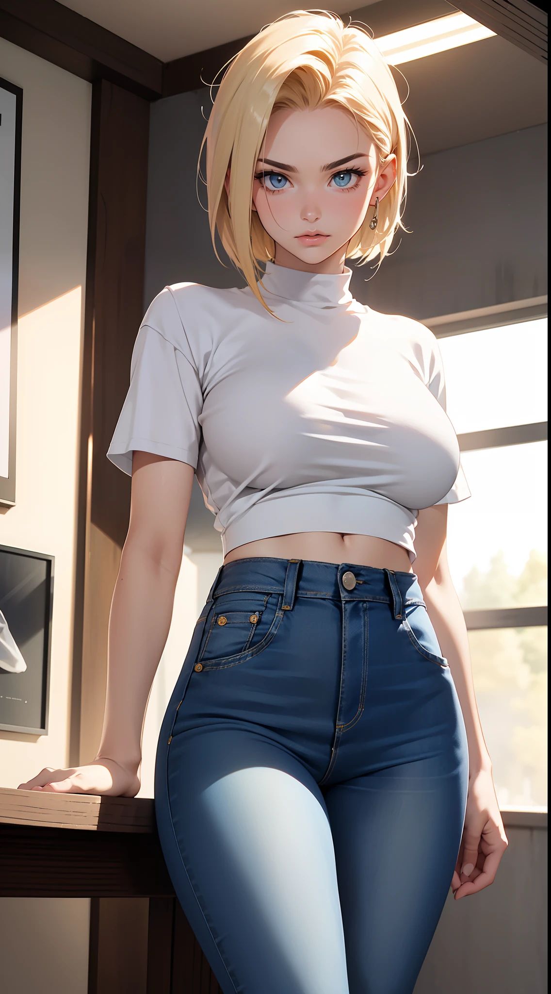 imagem hiper detalhada, UHD, 16k, foto profissional, (Foto realista do Android-18 de Dragon Ball Z) menina deusa da beleza, cabelos loiros curtos muito lisos, severe facial expression, ((Ela usa uma jaqueta jeans azul e uma camisa branca cropped, Short white underground showing breast meat)), Erotic, jaqueta jeans aberta mostrando sua impressionante, Seios grandes lindos e perfeitos, ((natural sagging breasts, seios, seios longos ultra gigantes pontiagudos saindo da jaqueta)) seios cheios, corpo grande magro, Curvy, pert bunda, ela usa um cinto e um (((Raised blue denim skirt she doesn't wear panties, showing, pelos pubianos mostrando, lifting her skirt with her hand))), pernas grossas abertas, sorrindo mostrando fio dental preso , Flexible Body, Botas marrons, perfect hands and fingers,
Android 18, garota saiyajin sexy, She unleashes bursts of power, qual, Arte Oficial, Android-18 Sexy feminino, arte oficial do personagem, protagonista feminina sexy, corpo curvo, fino e tonificado, pernas abertas, exposto, micro fio dental enfiado nela :8, Aqualri Toriyama, Diretor: traits of Aqualra Toriyama, Bulma de Dragon Ball, Melhor Design de Personagens de Anime, Stroke style by Aqualra Toriyama, Cute single character, semi-, (great lighting) (, , pubic hair), ( no panties on display )