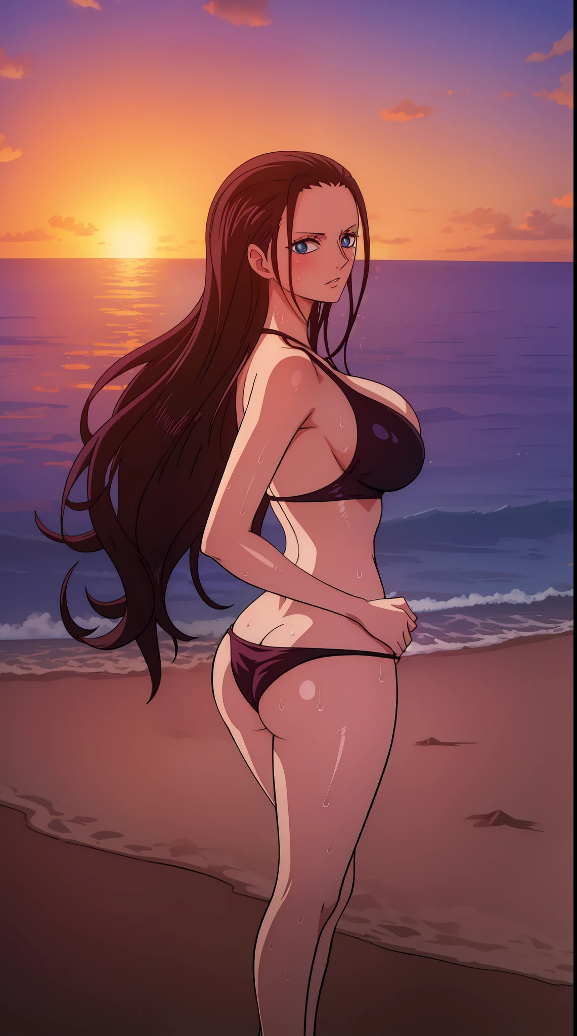 Nico Robin from one piece, black long hair, blue eyes, dark wide pupils, blushing, big breasts, wearing thong bikini, standing in the beach, sunrise, shiny skin, wet body, back view,