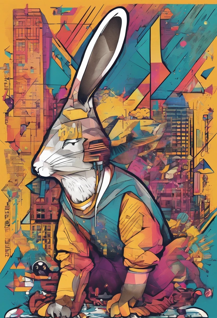 Cool and trendy rabbits, rainbow-colored hair, Yellow eyes, Wear trendy hip-hop clothes, Wearing a hoodie, Graphic T-shirt and ripped jeans, Lots of tattoos and piercings, Doodle style background, Highly detailed background, perfect masterpiece, High quality, High resolution