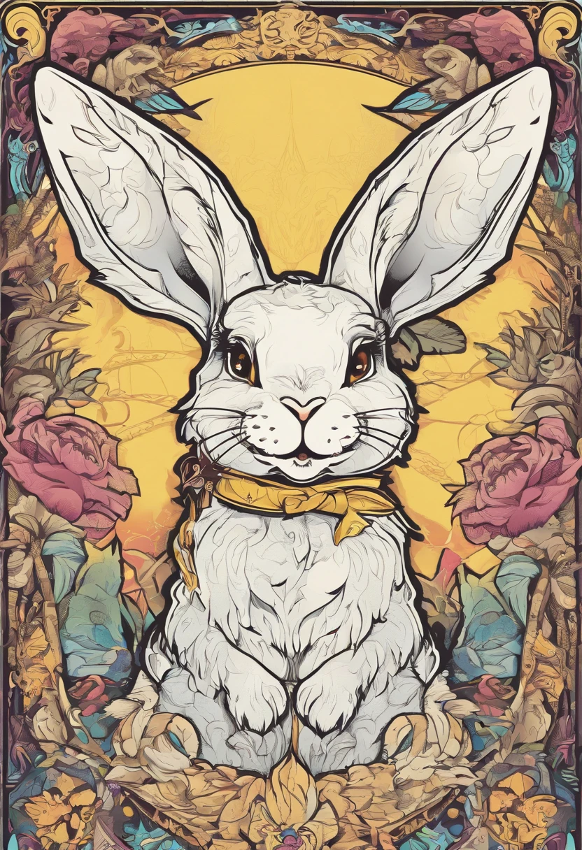 Cool and trendy rabbits, rainbow-colored hair, Yellow eyes, Wear trendy hip-hop clothes, Wearing a hoodie, Graphic T-shirt and ripped jeans, Lots of tattoos and piercings, Doodle style background, Highly detailed background, perfect masterpiece, High quality, High resolution