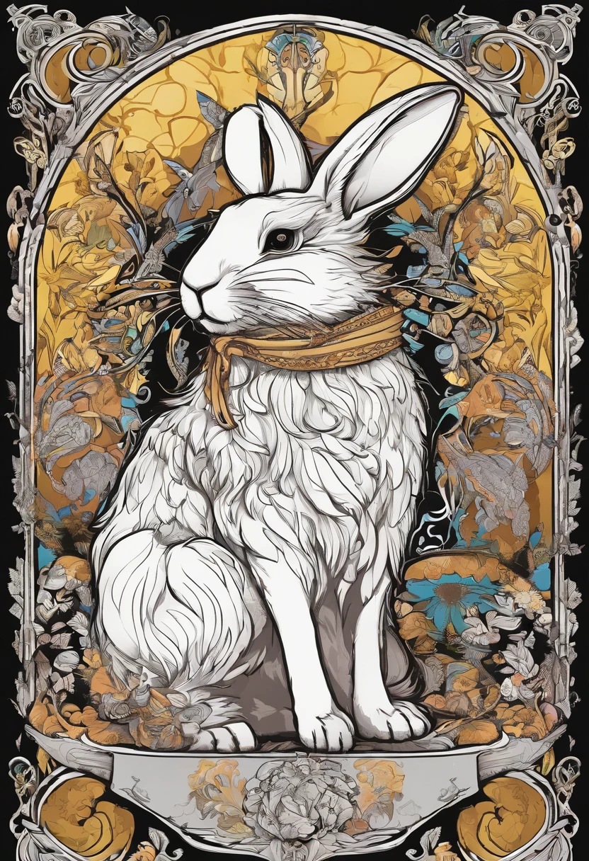 Cool and trendy rabbits, rainbow-colored hair, Yellow eyes, Wear trendy hip-hop clothes, Wearing a hoodie, Graphic T-shirt and ripped jeans, Lots of tattoos and piercings, Doodle style background, Highly detailed background, perfect masterpiece, High quality, High resolution