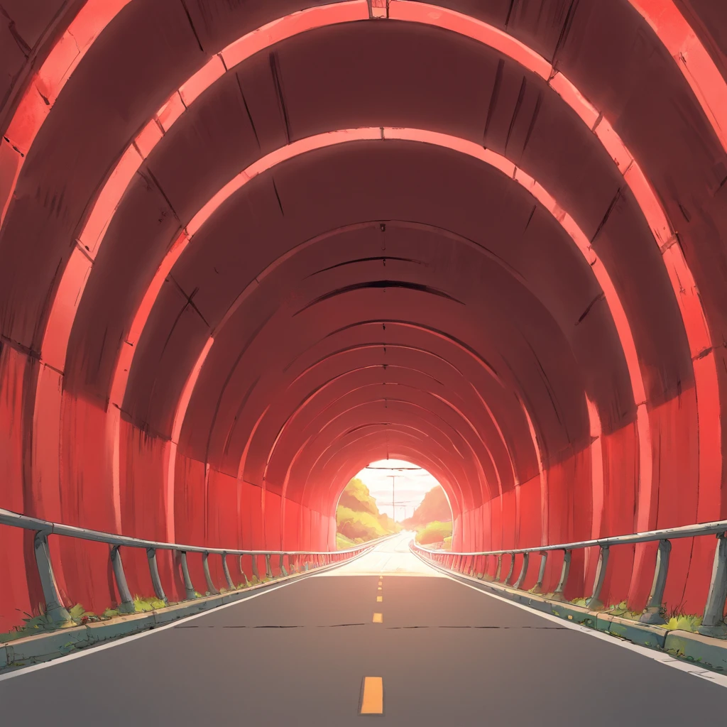 Red tunnel,On an empty highway,The background is simple and there are no other objects,Positive perspective,shot from a far distance