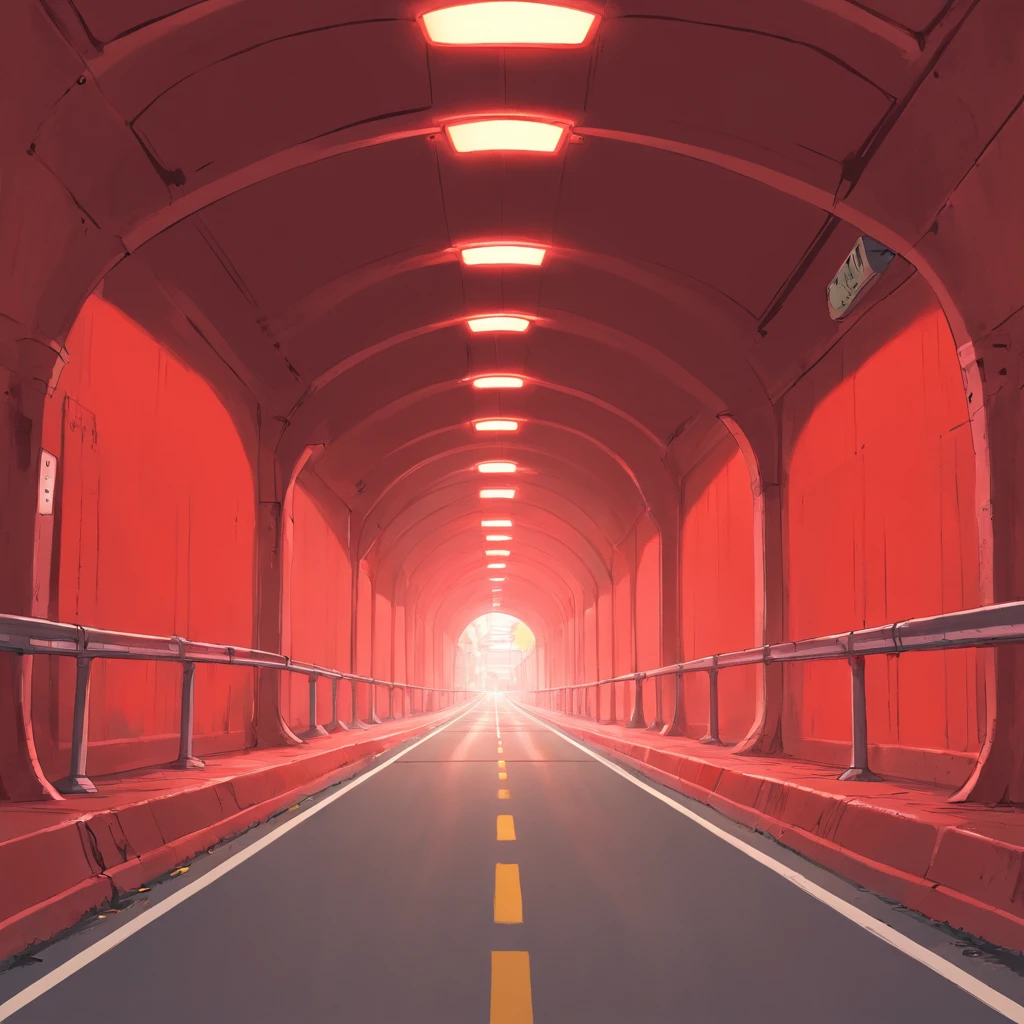 Red tunnel，On an empty highway，The background is simple and there are no other objects，Positive perspective，shot from a far distance