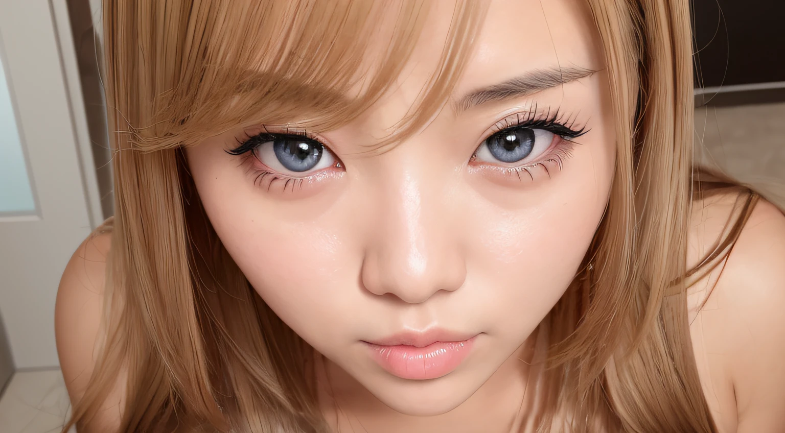 Close up portrait of a woman's face kissing a Korean idol　eye glass　A MILF　sweaty and shiny skin　Blonde shortcuts　Ai Shinozaki　Alafe　Pink shiny lips　Solo Muchimuchi　Sexy gaze