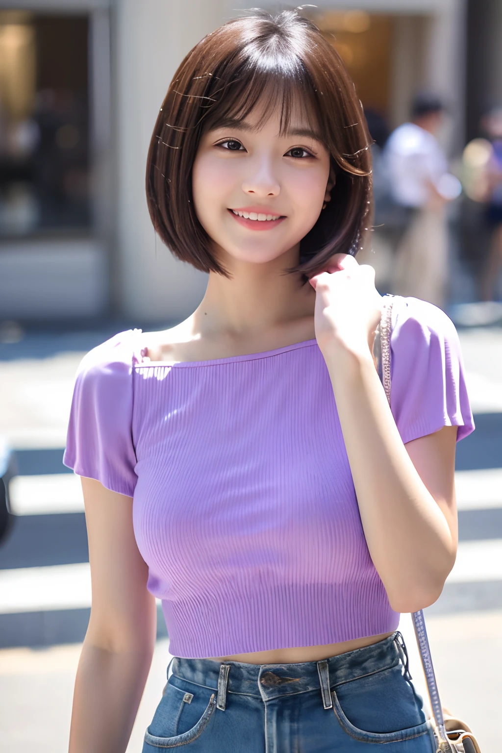 25 years old girl with short hair, adorable, light purple top.