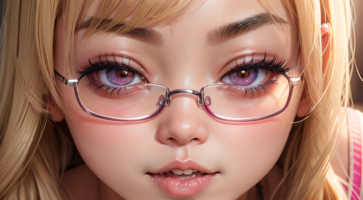 Close up portrait of a woman's face kissing a Korean idol　eye glass　A MILF　sweaty and shiny skin　Blonde shortcuts　Ai Shinozaki　Alafe　Pink shiny lips　独奏