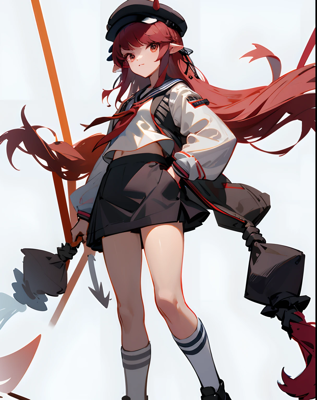 cropped shoulders，knee length socks，Stand up，With a hat on，standing straight，leather shoes，a sailor suit