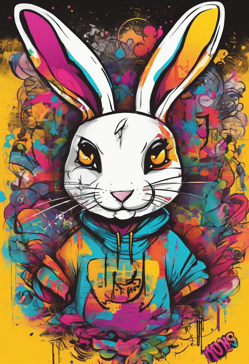 Cool and trendy rabbits, rainbow-colored hair, Yellow eyes, Wear trendy hip-hop clothes, Wearing a hoodie, Graphic T-shirt and ripped jeans, Lots of tattoos and piercings, Doodle style background, Highly detailed background, perfect masterpiece, High quality, High resolution