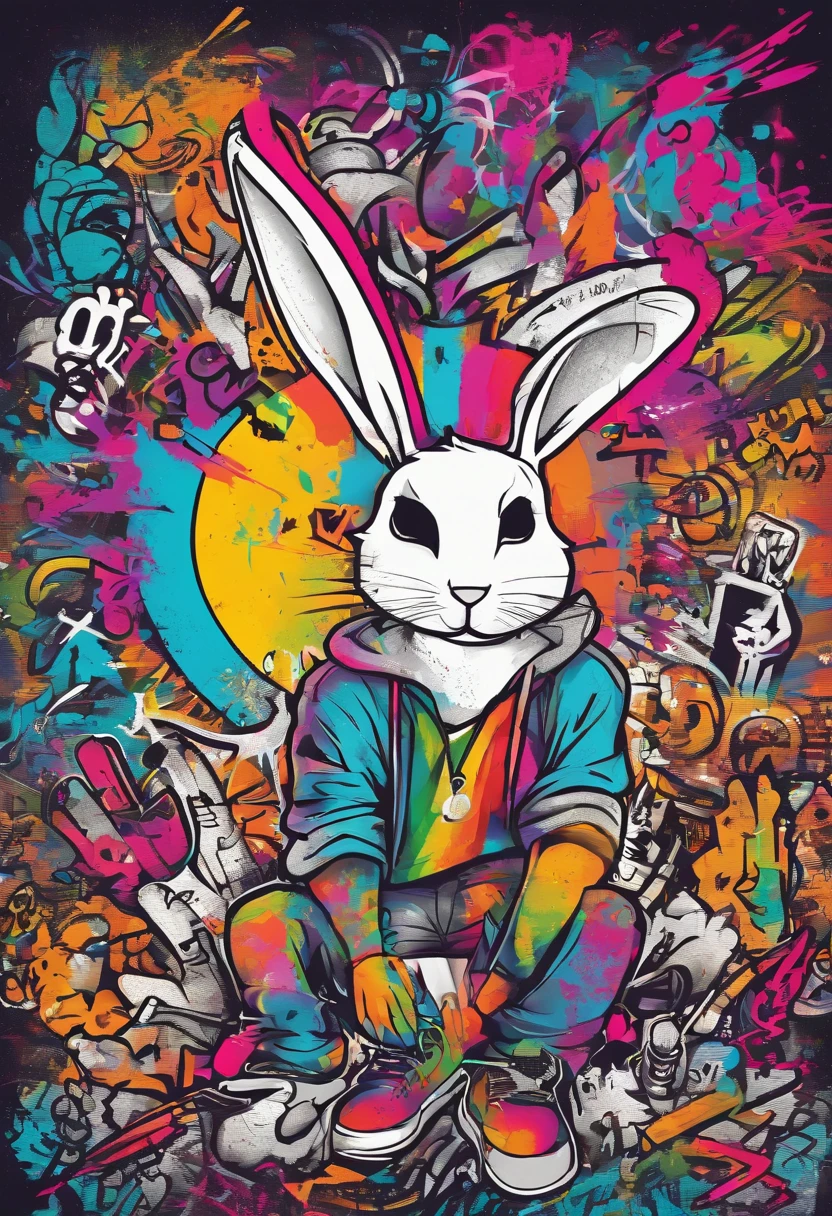 Cool and trendy rabbits, rainbow-colored hair, Yellow eyes, Wear trendy hip-hop clothes, Wearing a hoodie, Graphic T-shirt and ripped jeans, Lots of tattoos and piercings, Doodle style background, Highly detailed background, perfect masterpiece, High quality, High resolution