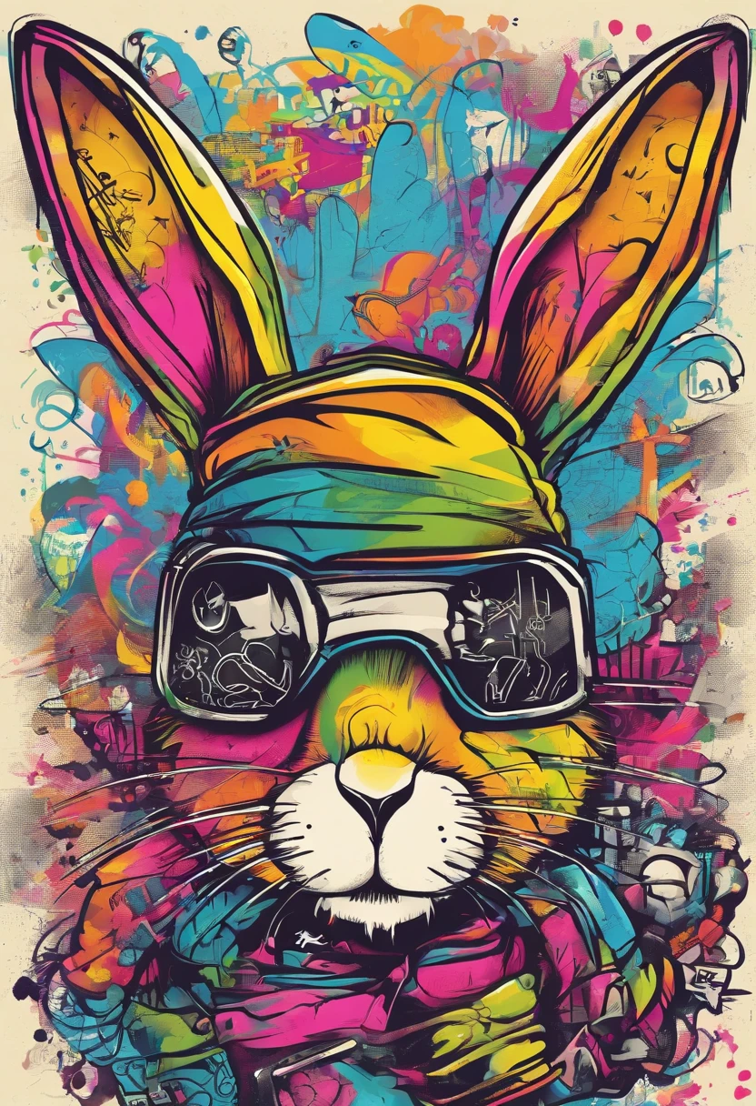 Cool and trendy rabbits, rainbow-colored hair, Yellow eyes, Wear trendy hip-hop clothes, Wearing a hoodie, Graphic T-shirt and ripped jeans, Lots of tattoos and piercings, Doodle style background, Highly detailed background, perfect masterpiece, High quality, High resolution