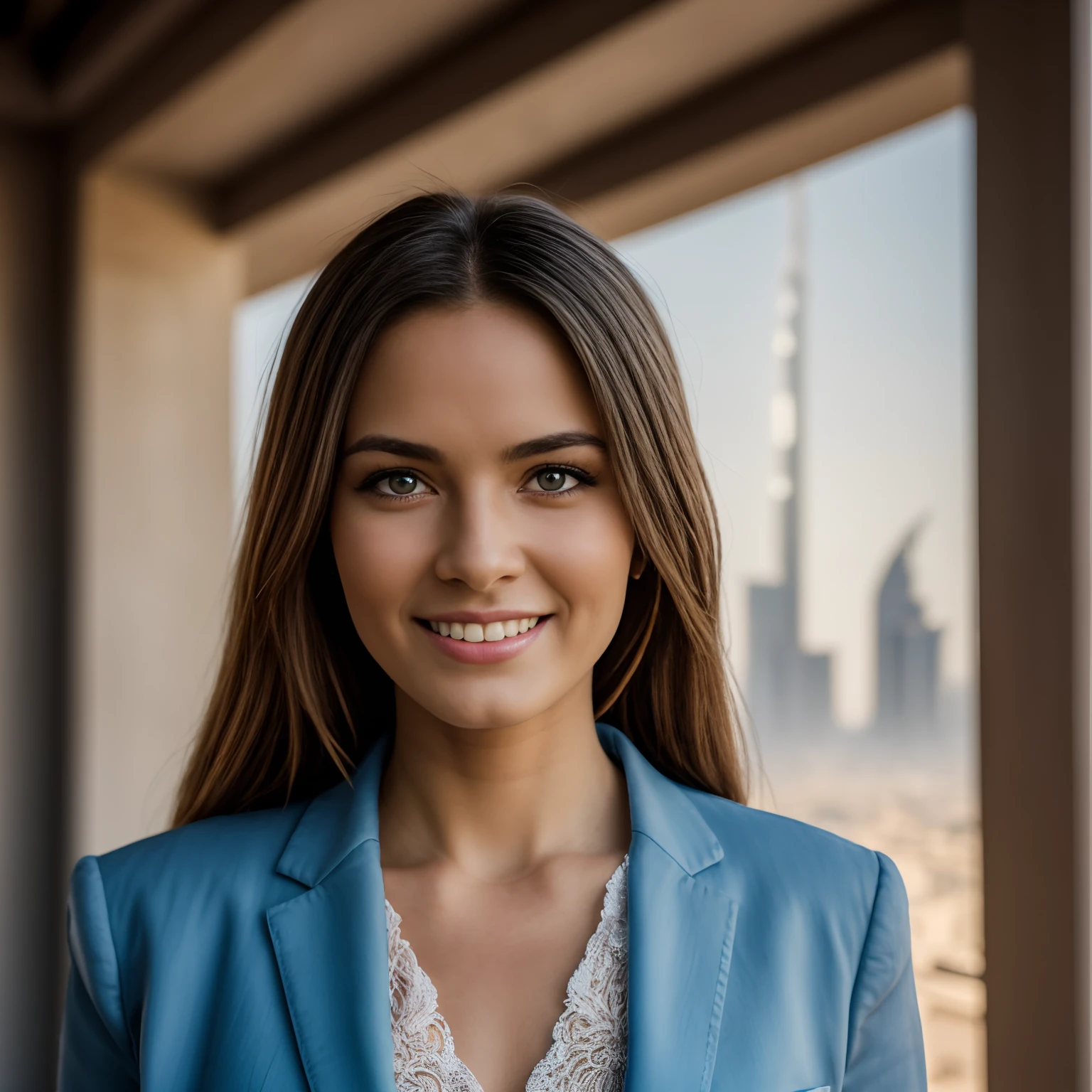 1femme, 26 ans, Yeux bleu, merchant, Vue de face, French, Style old money, sourire, Elegant outfit, Ultra-detailed face, Award-winning portrait photo, Main light, backlight, soft natural lighting, backlight, soft natural lighting, Femme debout, photographie Film grain ISO 1400 100mm objectif Ouverture RAW f1.4, highly detailed, regardant l'objectif, 8k, (Photographie analogique: 1.0), Couleurs HDR, Dubai City Buildings Background