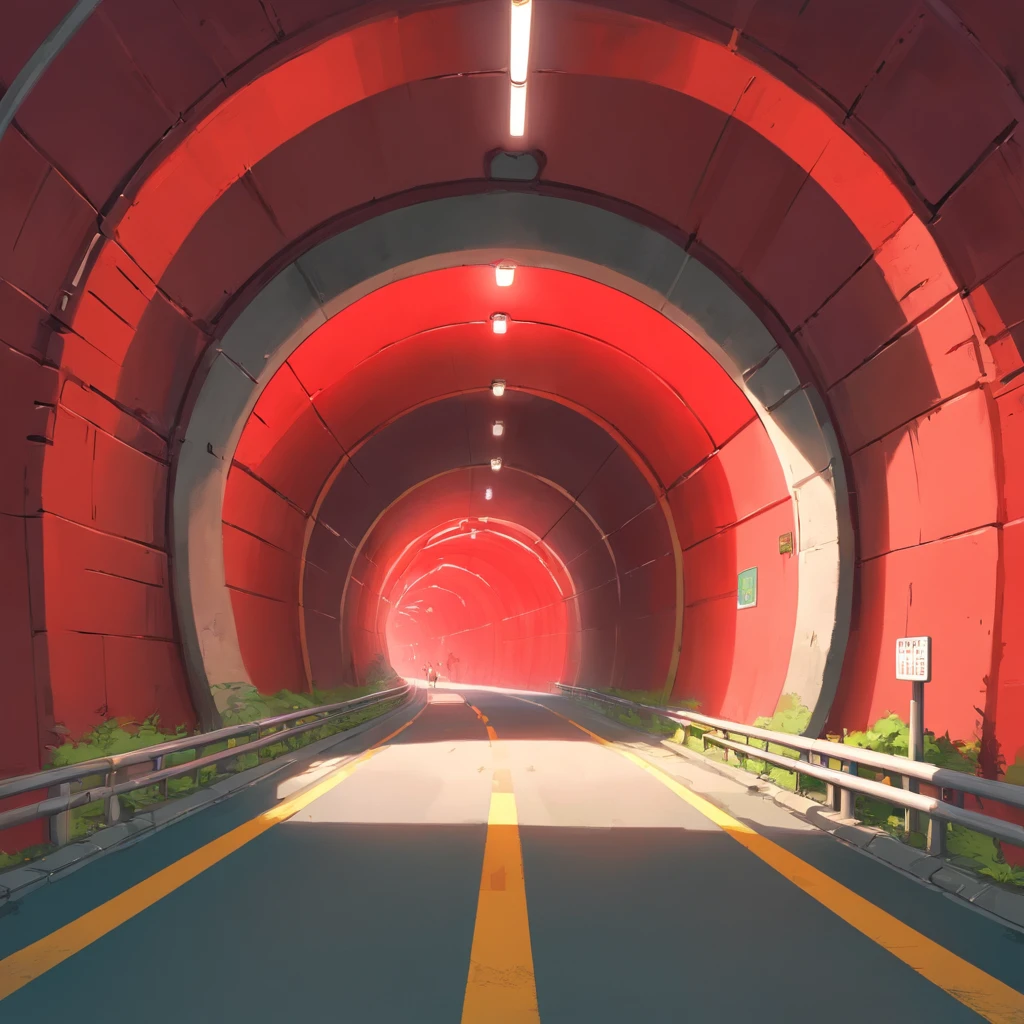 The red tunnel that is about to enter,On an empty highway,The background is simple and there are no other objects,Positive perspective,shot from a far distance