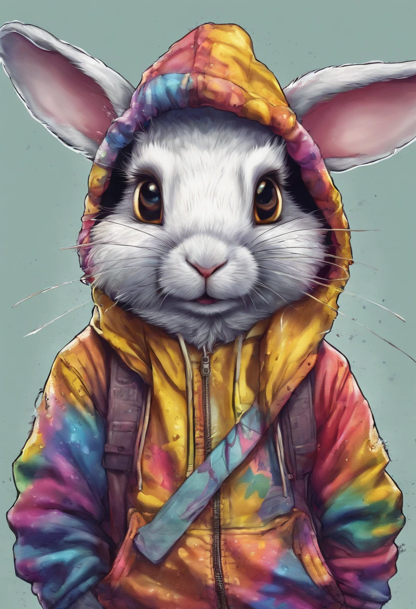 Cool and trendy rabbits, rainbow-colored hair, Yellow eyes, Wear trendy hip-hop clothes, Wearing a hoodie, Graphic T-shirt and ripped jeans, Lots of tattoos and piercings, Doodle style background, Highly detailed background, perfect masterpiece, High quality, High resolution