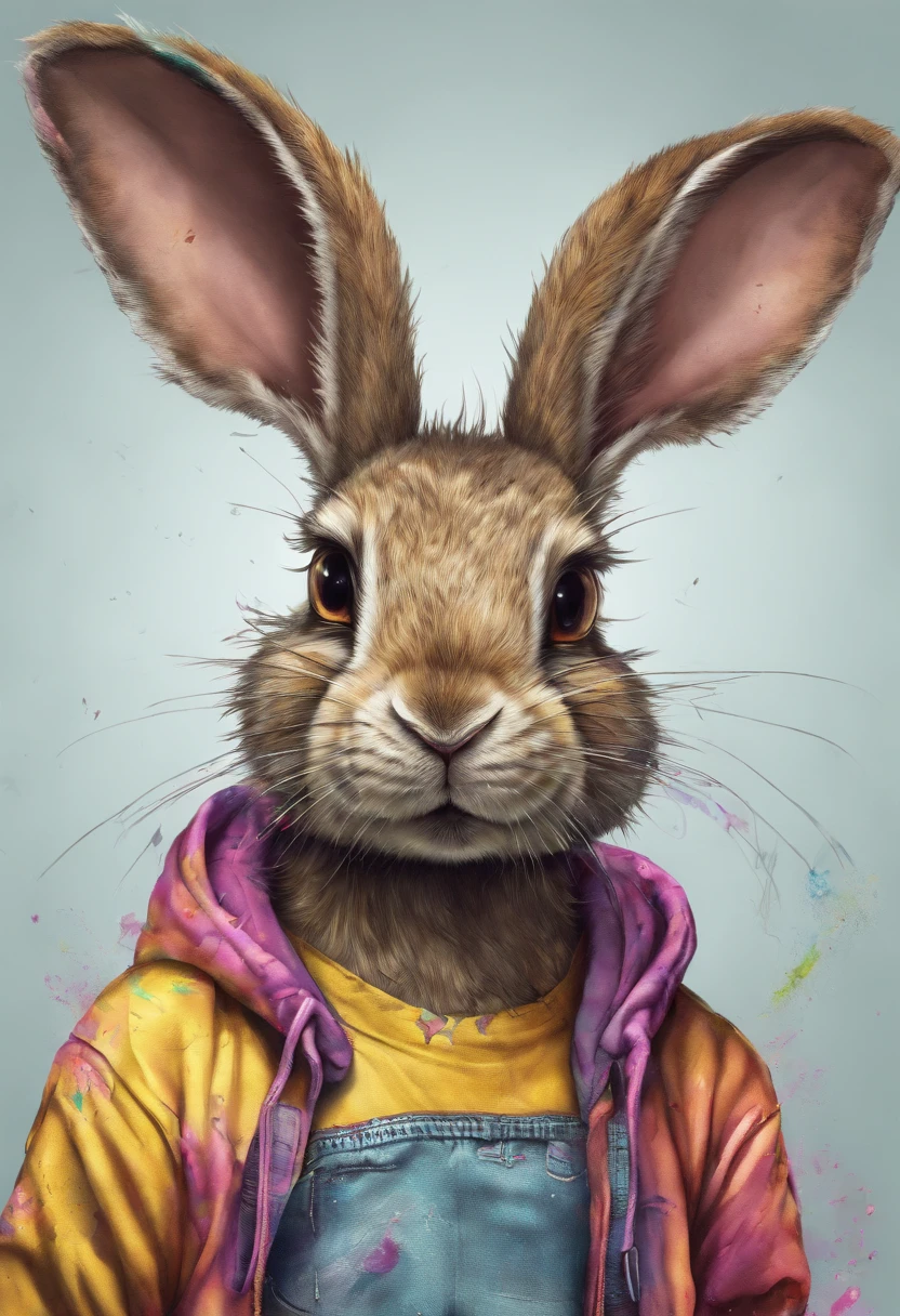 Cool and trendy rabbits, rainbow-colored hair, Yellow eyes, Wear trendy hip-hop clothes, Wearing a hoodie, Graphic T-shirt and ripped jeans, Lots of tattoos and piercings, Doodle style background, Highly detailed background, perfect masterpiece, High quality, High resolution