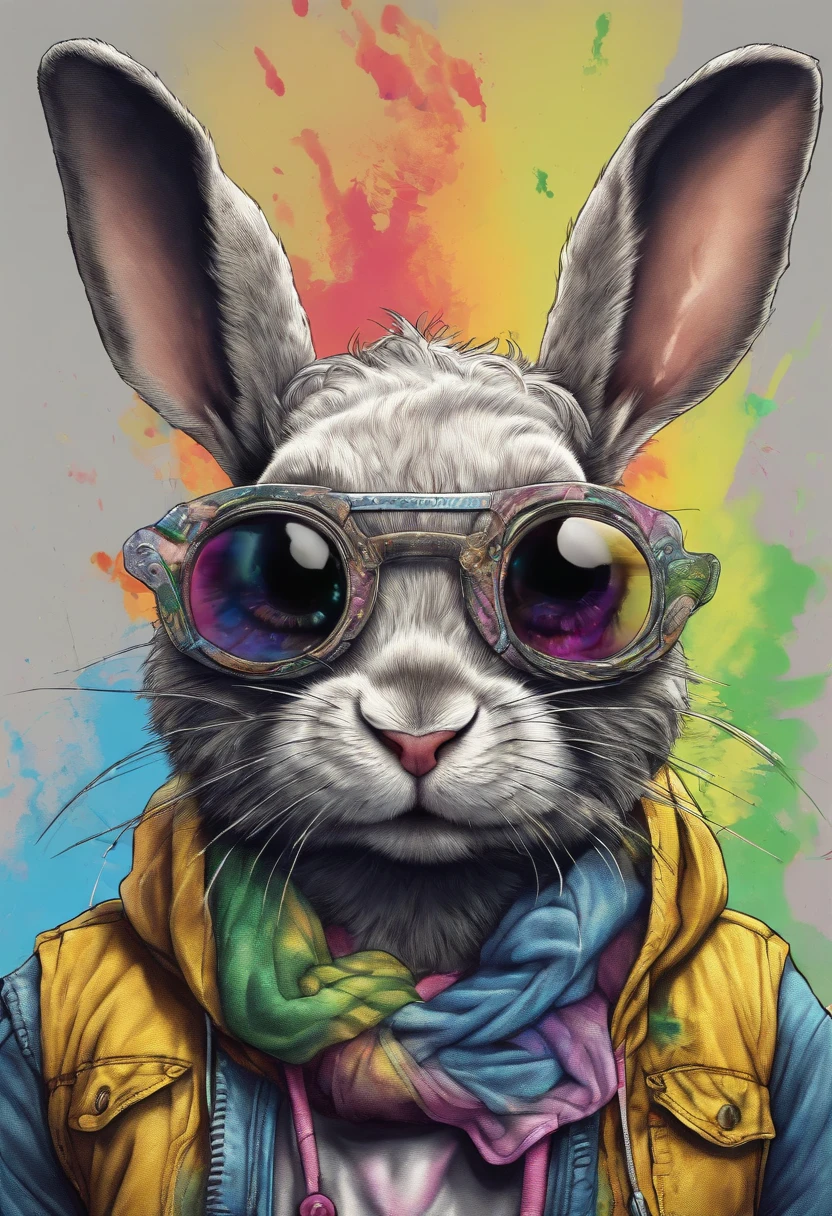 Cool and trendy rabbits, rainbow-colored hair, Yellow eyes, Wear trendy hip-hop clothes, Wearing a hoodie, Graphic T-shirt and ripped jeans, Lots of tattoos and piercings, Doodle style background, Highly detailed background, perfect masterpiece, High quality, High resolution