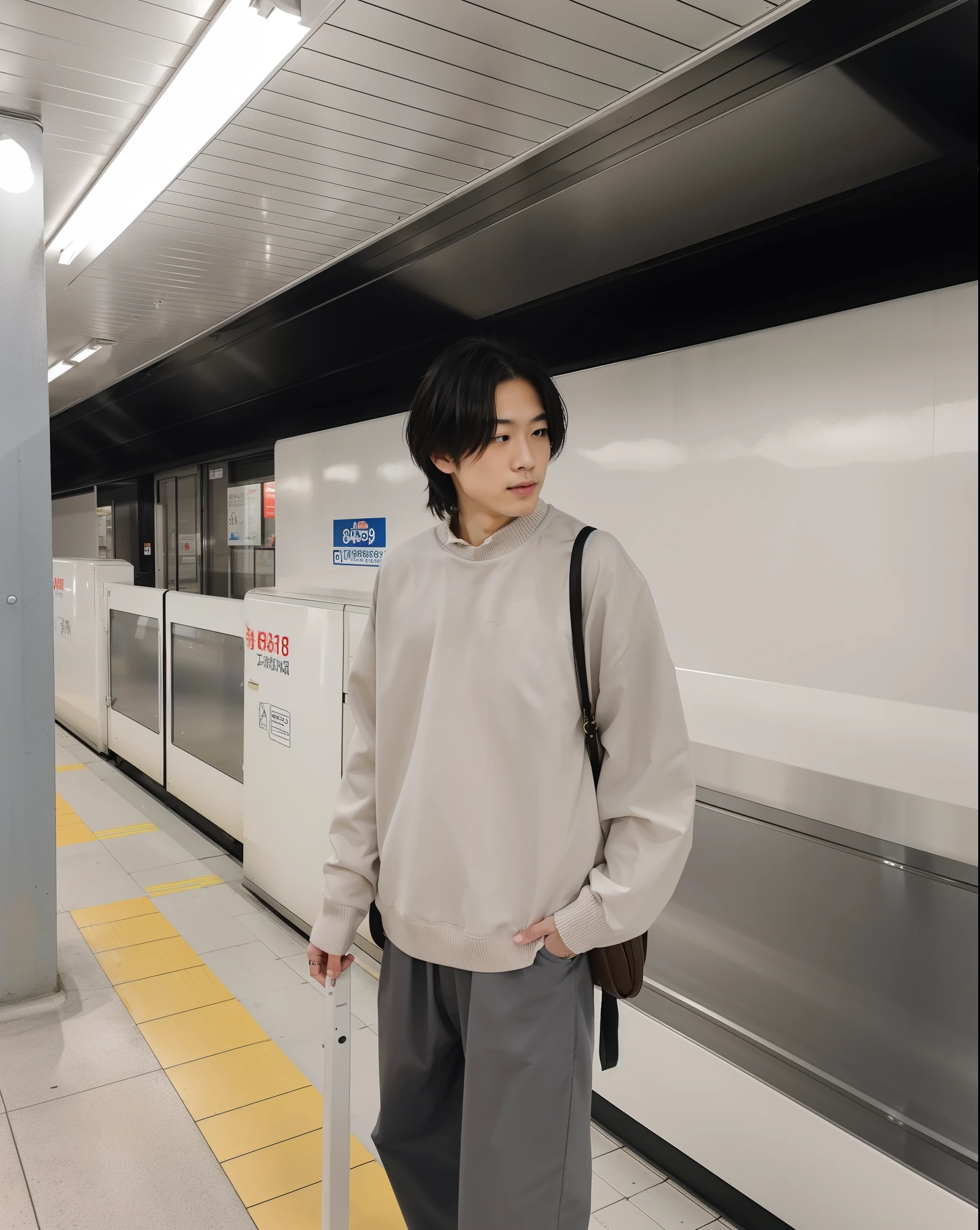 There is a man standing on the platform with a bag, in Tokyo under, 🚿🗝📝, japanese streetwear, in neo tokyo, on the subway