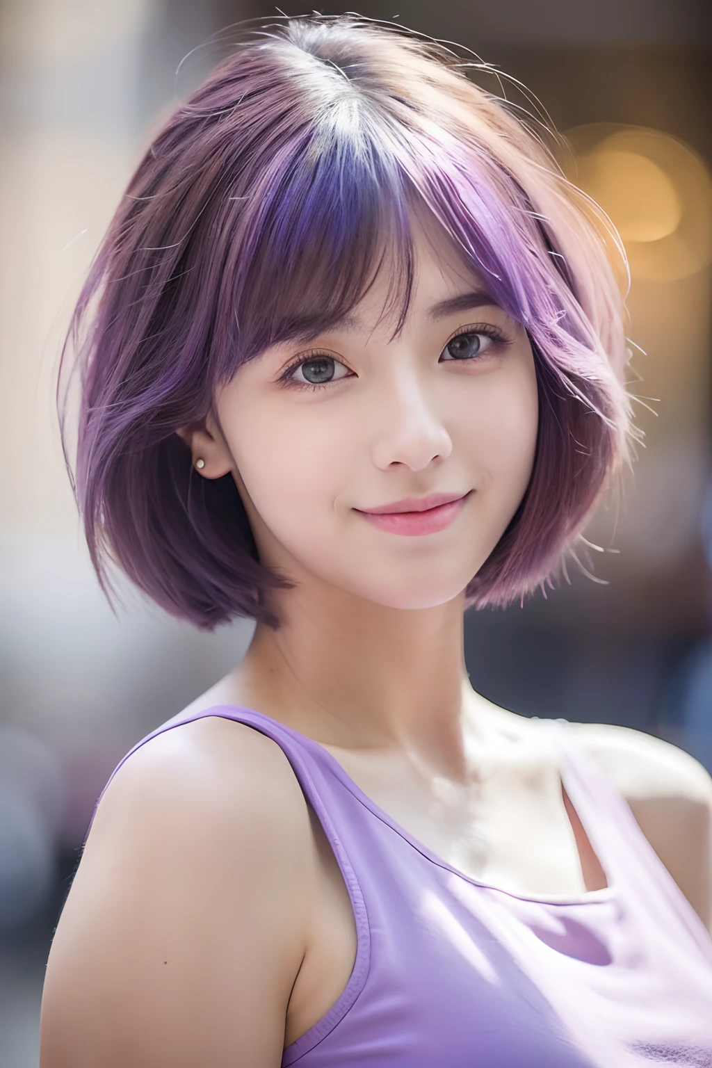 Her hair is short, her tank top is purple, and her bottom is a light beige color.