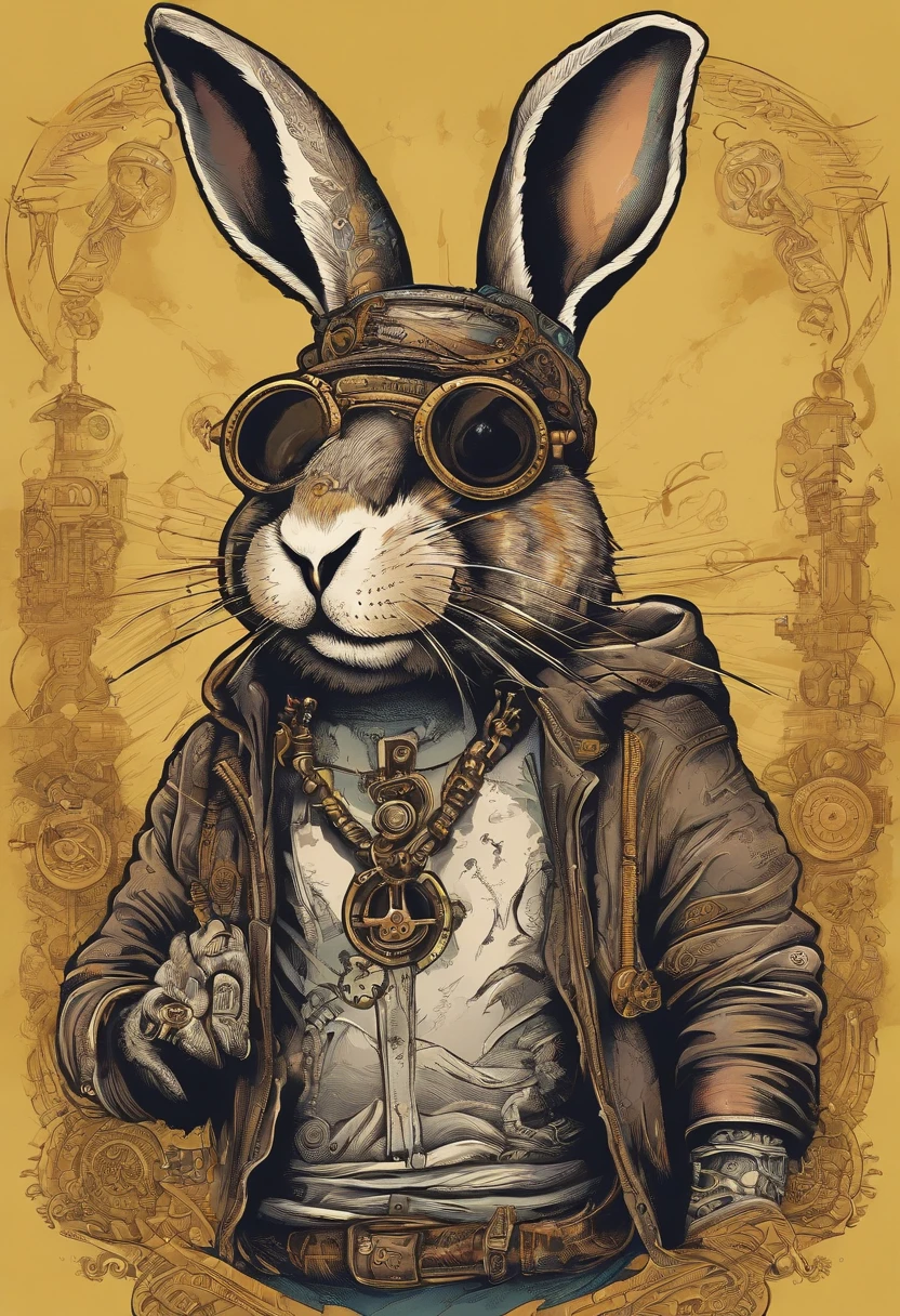 Cool and trendy rabbits, rainbow-colored hair, Yellow eyes, Wear trendy hip-hop clothes, Wearing a hoodie, Graphic T-shirt and ripped jeans, Lots of tattoos and piercings, Doodle style background, Highly detailed background, perfect masterpiece, High quality, High resolution