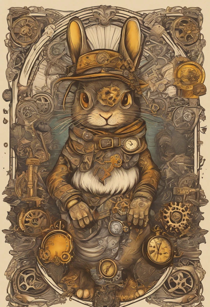 Cool and trendy rabbits, rainbow-colored hair, Yellow eyes, Wear trendy hip-hop clothes, Wearing a hoodie, Graphic T-shirt and ripped jeans, Lots of tattoos and piercings, Doodle style background, Highly detailed background, perfect masterpiece, High quality, High resolution