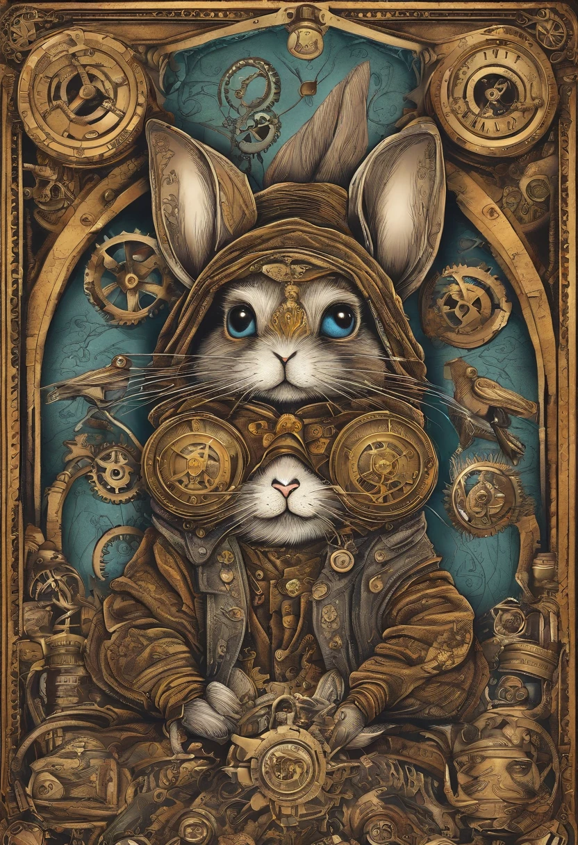 Cool and trendy rabbits, rainbow-colored hair, Yellow eyes, Wear trendy hip-hop clothes, Wearing a hoodie, Graphic T-shirt and ripped jeans, Lots of tattoos and piercings, Doodle style background, Highly detailed background, perfect masterpiece, High quality, High resolution