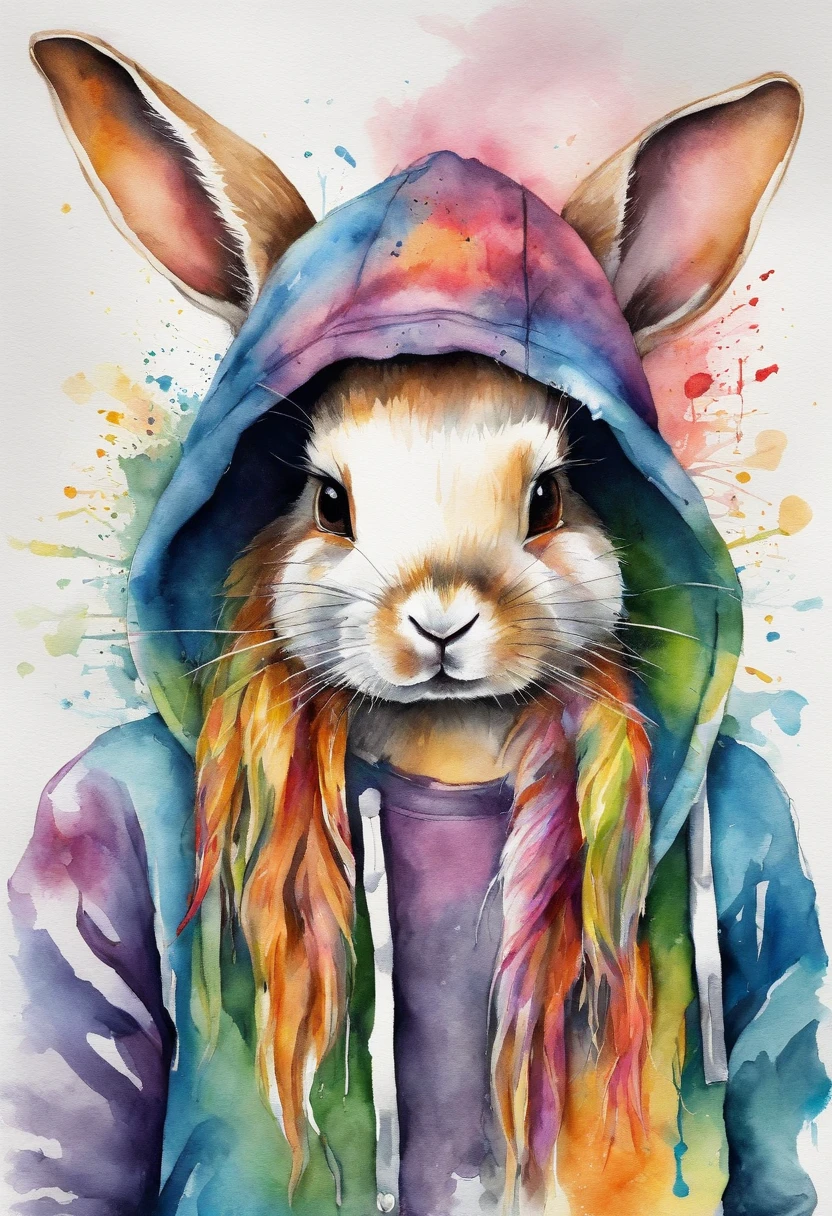 Cool and trendy rabbits, rainbow-colored hair, Yellow eyes, Wear trendy hip-hop clothes, Wearing a hoodie, Graphic T-shirt and ripped jeans, Lots of tattoos and piercings, Doodle style background, Highly detailed background, perfect masterpiece, High quality, High resolution