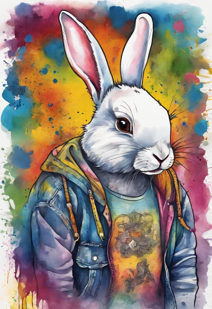 Cool and trendy rabbits, rainbow-colored hair, Yellow eyes, Wear trendy hip-hop clothes, Wearing a hoodie, Graphic T-shirt and ripped jeans, Lots of tattoos and piercings, Doodle style background, Highly detailed background, perfect masterpiece, High quality, High resolution