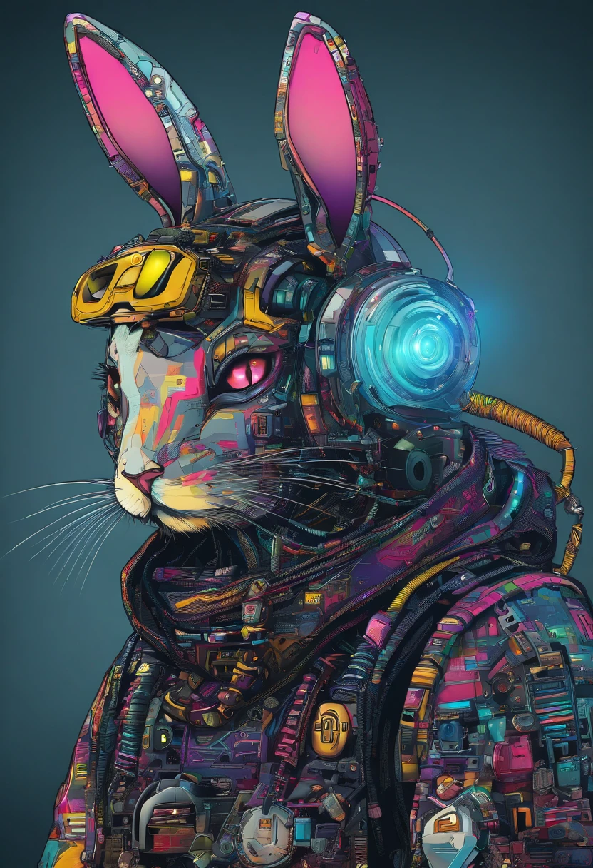 Cool and trendy rabbits, rainbow-colored hair, Yellow eyes, Wear trendy hip-hop clothes, Wearing a hoodie, Graphic T-shirt and ripped jeans, Lots of tattoos and piercings, Doodle style background, Highly detailed background, perfect masterpiece, High quality, High resolution