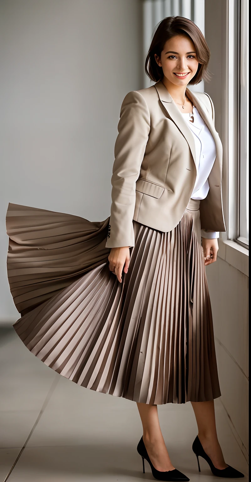 (shy:1,2) (smiling;1,1) woman playing with skirt, dancing, wearing short blazer and very very detailed (long (fully pleated) full circle skirt) and (simple) low heeled office shoes, very very intricate hyper-detailed symmetric (attractive graceful young feminine face) with (sad, tired eyes and a shy smile), large breasts, full of empathy and compassion and love, (pronounced (feminine) features), (highly detailed ultra accurate realistic) hands and fingers, (windy conditions and wind blowing), epic composition, highly detailed attributes, highly detailed space station background, (35mm f1.4 Kodak portra 400 photograph), extremely high quality RAW photograph,