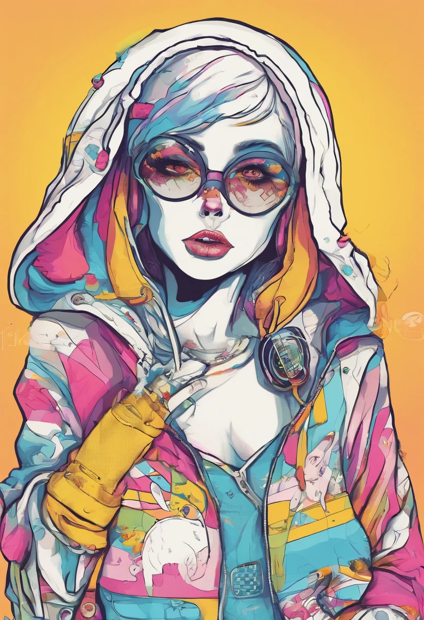 Cool and trendy rabbits, rainbow-colored hair, Yellow eyes, Wear trendy hip-hop clothes, Wearing a hoodie, Graphic T-shirt and ripped jeans, Lots of tattoos and piercings, Doodle style background, Highly detailed background, perfect masterpiece, High quality, High resolution