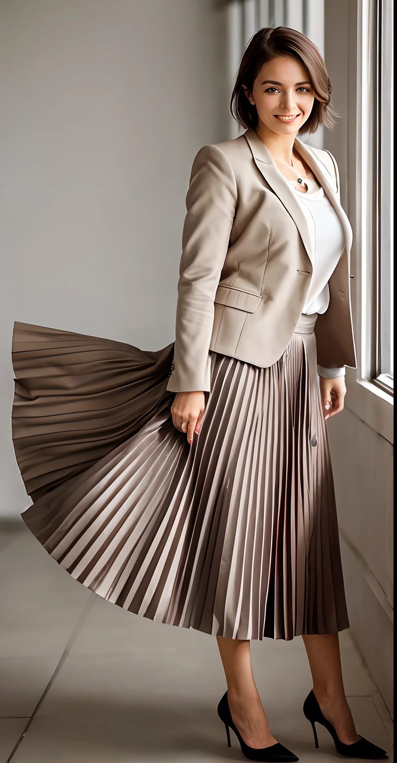 (shy:1,2) (smiling;1,1) woman playing with skirt, dancing, wearing short blazer and very very detailed (long (fully pleated) full circle skirt) and (simple) low heeled office shoes, very very intricate hyper-detailed symmetric (attractive graceful young feminine face) with (sad, tired eyes and a shy smile), large breasts, full of empathy and compassion and love, (pronounced (feminine) features), (highly detailed ultra accurate realistic) hands and fingers, (windy conditions and wind blowing), epic composition, highly detailed attributes, highly detailed space station background, (35mm f1.4 Kodak portra 400 photograph), extremely high quality RAW photograph,