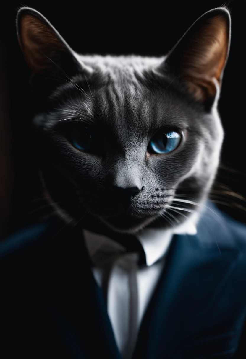 Perfect centering, a cute little cat, Russian Blue, Wear a black suit, Smoking cigarettes, cheerfulness, Standing position, Abstract beauty, Centered, Looking at the camera, Facing the camera, Approaching perfection, Dynamic, Highly detailed, Smooth, Sharp Focus, 8K