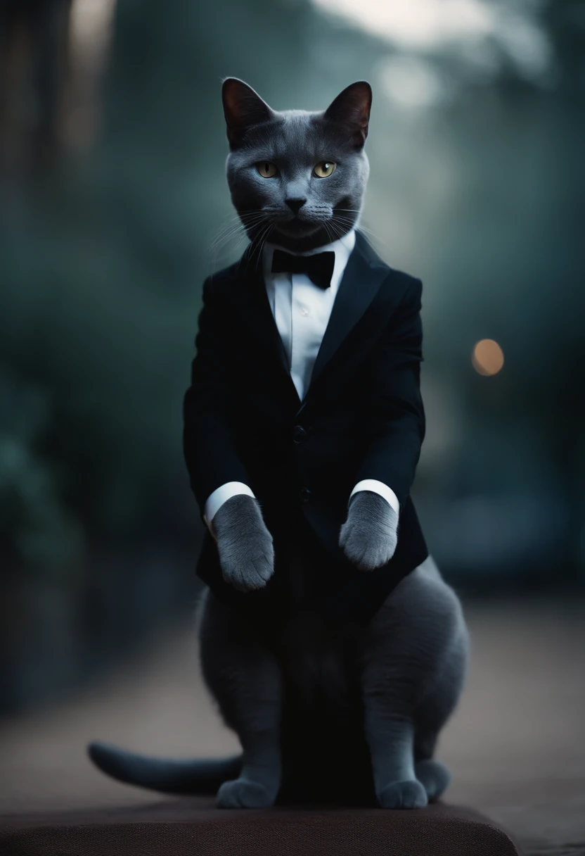 Perfect centering, a cute little cat, Russian Blue, Wear a black suit, Smoking cigarettes, cheerfulness, Standing position, Abstract beauty, Centered, Looking at the camera, Facing the camera, Approaching perfection, Dynamic, Highly detailed, Smooth, Sharp Focus, 8K