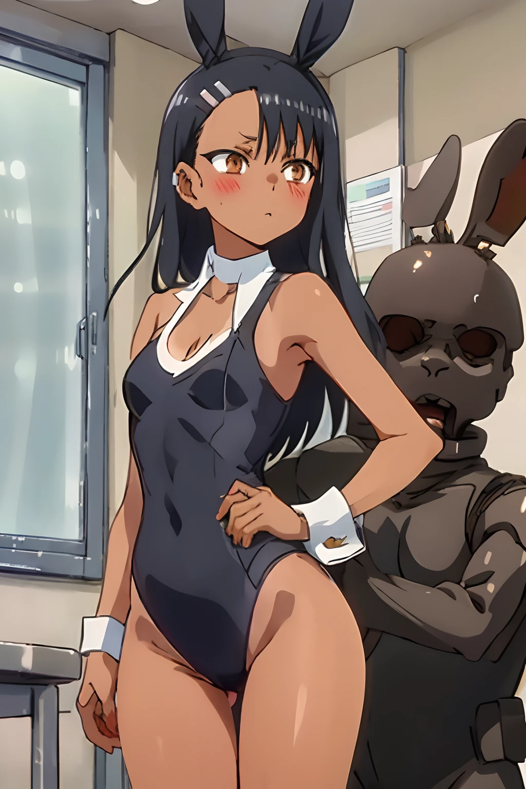 1girl, solo,sitting, small breast, masterpiece, professional artwork, famous artwork, perfect face,nagatoro hayase, brown eyes, hairclip, black hair, cowboy shot, black hair, beautiful face, intense look, ((perfect female body, narrow waist)), background classroom,((tan lines)), looking at viewer, (((black bunny suit))), standing, (close up), cleavage, bunny ears