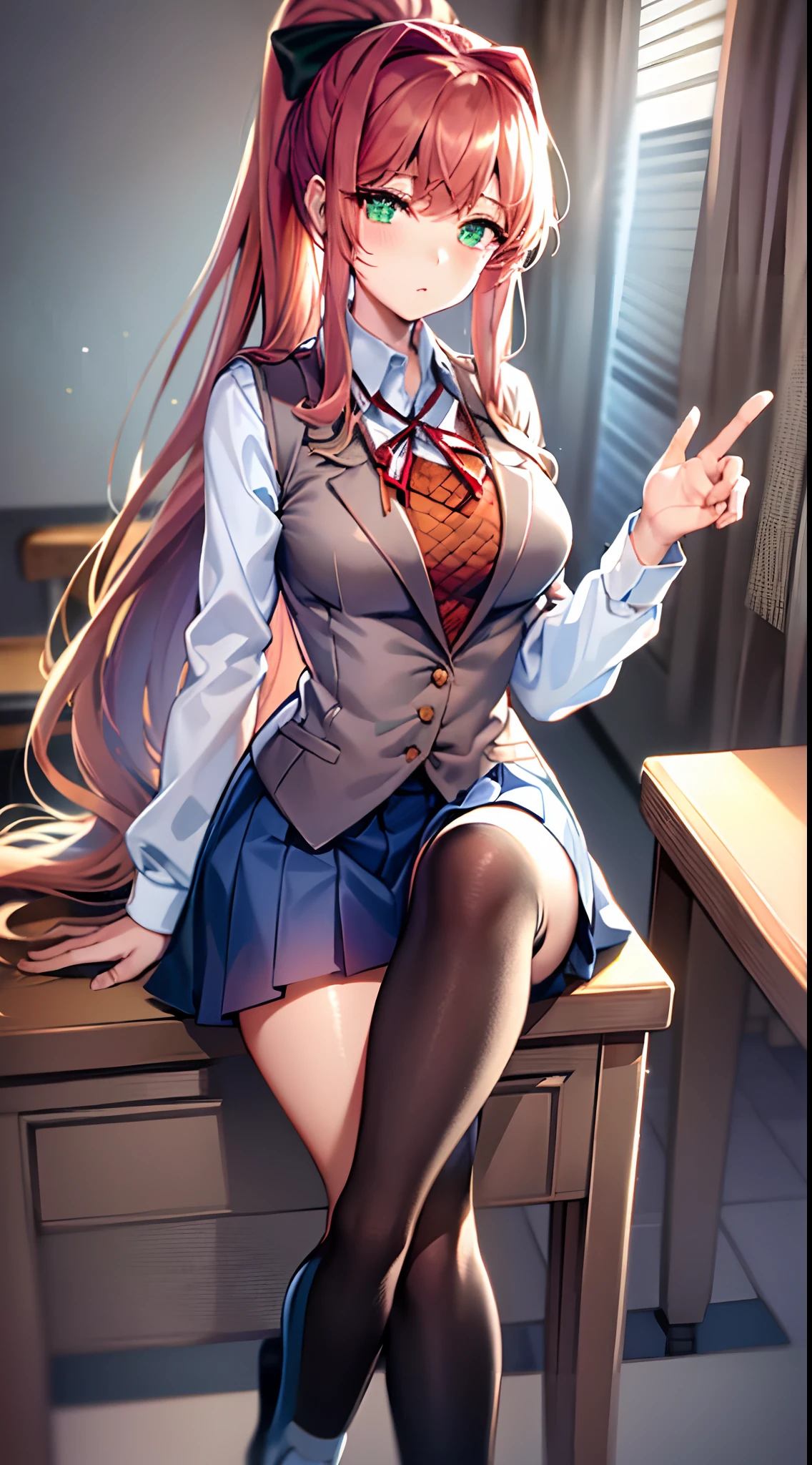 (masterpiece, top quality, best quality, art, beautiful), monika, emerald green eyes, very long hair, coral brown hair, high ponytail tied back with a large white bow, curled slightly at the ends, school uniform consisting of a warm gray blazer fully buttoned and untucked, brown sweater vest, white shirt fully buttoned and tucked, red ribbon, dark blue pleated skirt, black thigh-high socks and white uwabaki slippers with pink tips, (background:classroom playing piano), Yandere, eyes on the camera,