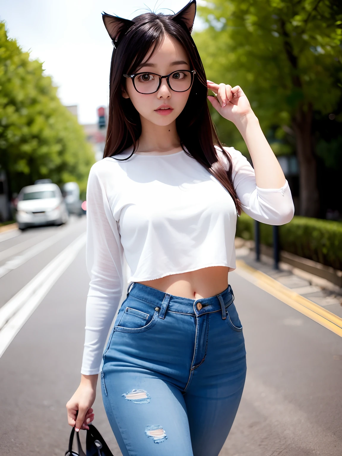 American girl，Wearing glasses，Half-black, half-white, Arapefi walked down the street, Korean girl, sakimichan, Attractive cat girl, Gorgeous young Korean woman, beautiful young catgirl, korean women's fashion model, ulzzangs, beautiful Korean women, Choi Hyun-hwa, trending on cgstation, jaeyeon nam, very beautiful cute catgirl, Shin Jinying