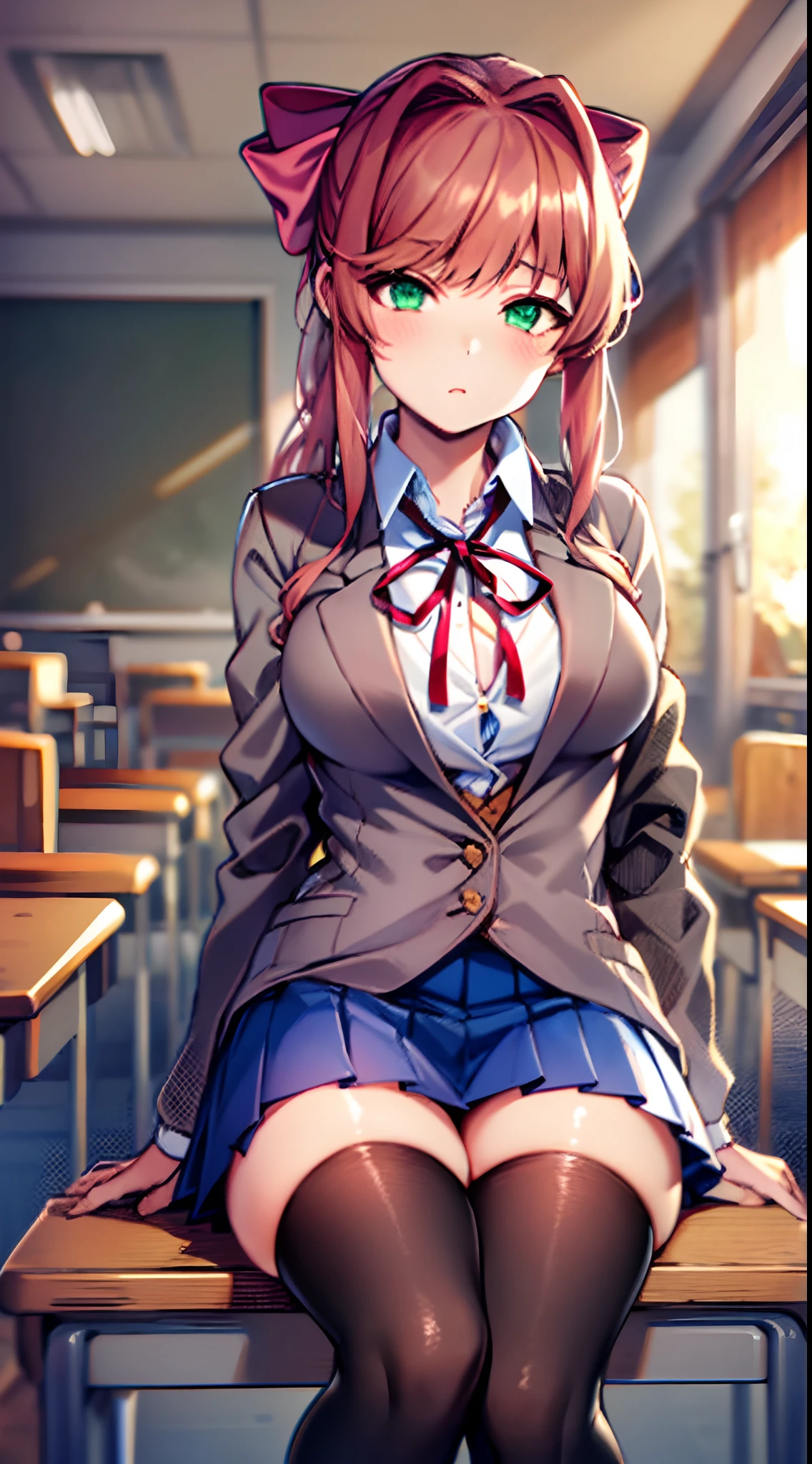 (masterpiece, top quality, best quality, art, beautiful), monika, emerald green eyes, very long hair, coral brown hair, high ponytail tied back with a large white bow, curled slightly at the ends, school uniform consisting of a warm gray blazer fully buttoned and untucked, brown sweater vest, white shirt fully buttoned and tucked, red ribbon, dark blue pleated skirt, black thigh-high socks and white uwabaki slippers with pink tips, (background:classroom playing piano), Yandere, eyes on the camera,