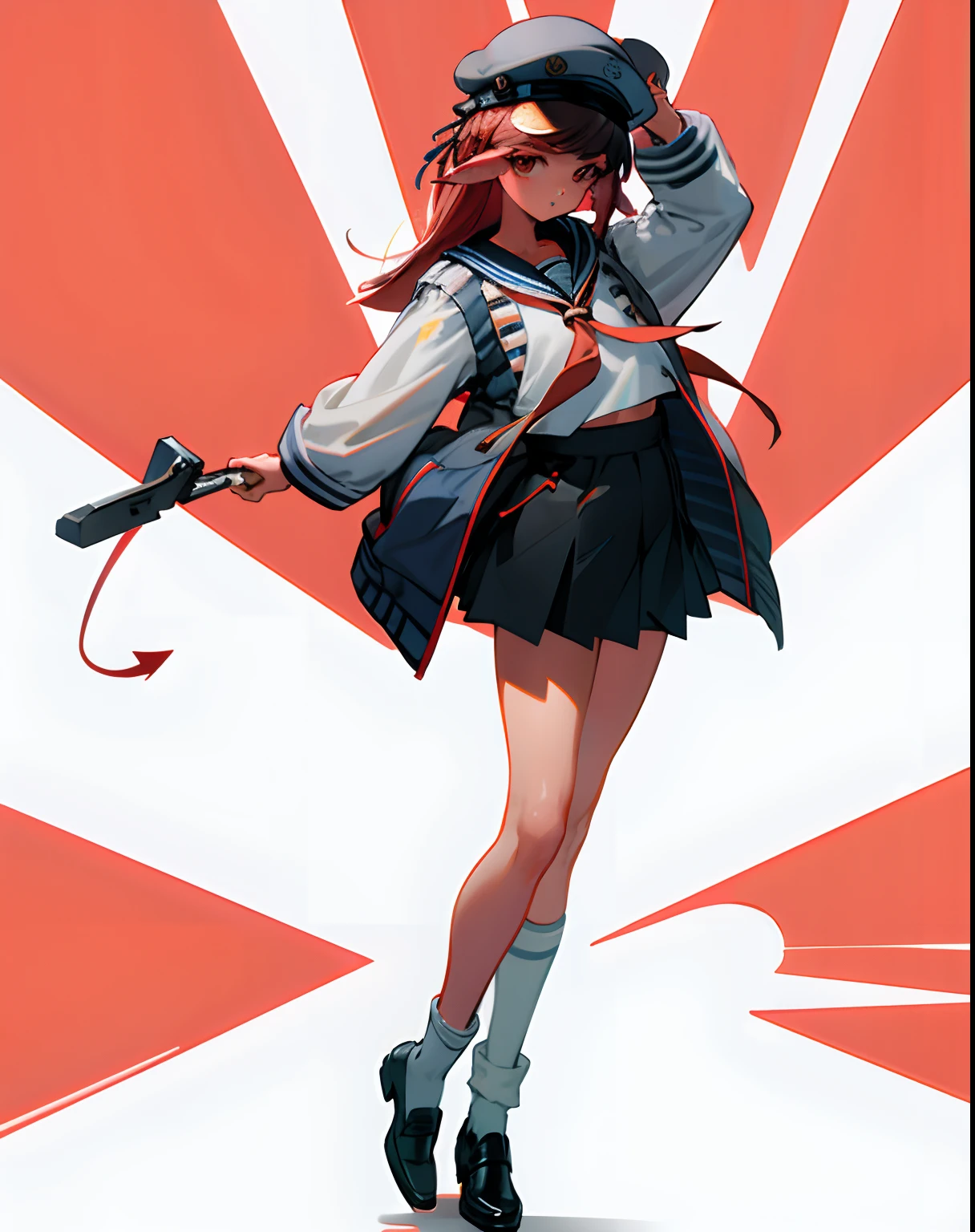 cropped shoulders，knee length socks，Stand up，With a hat on，standing straight，leather shoes，a sailor suit