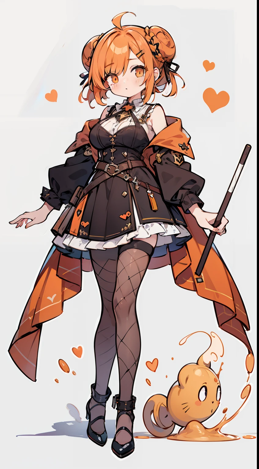 1girl in, fullllbody, Character Design, ((Soft bun light orange hair)), ((Eyes are yellow)), (Sauce order), ((White hairpin)), (Mole under the left eye), Long bangs, Eyes are hearts, Brainwashed, large full breasts, High quality, 痴女, Magic Makeover, Witch style costume, fishnet tights, garterbelts, Black High Heels, Wide Shot, Detailed background of the prison