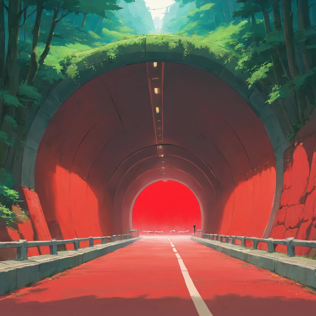 The red tunnel that is about to enter,On an empty highway,background is simple,There are no other objects,Positive perspective,shot from a far distance